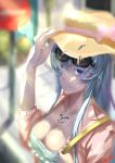  1girl adjusting_clothes adjusting_hat akame_ga_kill! bag blue_hair bracelet breasts casual cleavage esdeath handbag hat jewelry large_breasts long_hair looking_at_viewer magic_(iceland) necklace ring_necklace smile solo straw_hat sunglasses sunglasses_on_head tattoo violet_eyes 