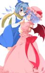  2girls aoi_(annbi) bat_wings blue_bow blue_eyes blue_hair blush bow cirno cirno-nee dress hair_bow hat hat_ribbon highres ice ice_wings looking_at_another mob_cap multiple_girls pointy_ears red_ribbon remilia_scarlet ribbon scarf short_hair simple_background standing touhou white_background wings yuri 