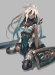  azuki_(azuki-taste) bare_shoulders dark_skin granblue_fantasy highres kneeling red_eyes shield sword the_order_grande thigh-highs weapon white_hair 