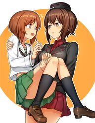  2girls :d black_hat black_jacket black_legwear blush brown_eyes brown_hair brown_shoes carrying closed_mouth collarbone collared_shirt cowboy_shot dress_shirt emblem eye_contact eyebrows eyebrows_visible_through_hair flying_sweatdrops full_body girls_und_panzer green_skirt hat jacket kneehighs knees_together_feet_apart legs_together loafers long_sleeves looking_at_another mini_hat multiple_girls nishizumi_maho nishizumi_miho open_mouth person_carrying princess_carry red_shirt red_skirt sailor_collar school_uniform serafuku shirt shoes short_hair simple_background skirt smile tareme thighs tsurime uniform white_background white_shirt yoban yuri 