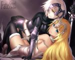  2girls armor armored_corset bare_shoulders blonde_hair blue_eyes breasts bu_li chain choker dual_persona fate/grand_order fate_(series) fur_trim gauntlets high_heels hug long_hair lying multiple_girls pale_skin ruler_(fate/grand_order) short_hair sideboob smile sword thigh-highs weapon white_hair yellow_eyes 