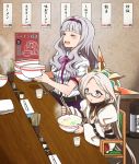  2girls bangs belt blunt_bangs blush chair chopsticks closed_eyes crossover eyebrows eyebrows_visible_through_hair food glasses granblue_fantasy grey_hair hairband holding idolmaster kidachi long_hair long_sleeves multiple_girls noodles open_mouth pointy_ears ramen shijou_takane short_sleeves sidelocks sitting very_long_hair white_hair wide_sleeves zaruhamerina 