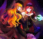  2girls bare_shoulders blonde_hair breasts chain chinese_clothes choker earth_(ornament) grin hat hecatia_lapislazuli junko_(touhou) long_hair moon_(ornament) multiple_girls off_shoulder red_eyes redhead shirt skirt smile touhou verifying_(artist) 