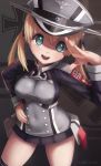  1girl :d anchor_hair_ornament aqua_eyes artist_name black_legwear blonde_hair breasts commentary hair_ornament hand_on_hip hat highres iron_cross kantai_collection looking_at_viewer military military_hat military_uniform novcel open_mouth prinz_eugen_(kantai_collection) revision salute smile solo swastika teeth thigh-highs twintails uniform 