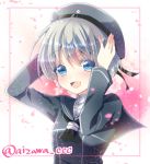  1girl blue_eyes chihiro_(oimo) clothes_writing dress hands_on_headwear hat kantai_collection open_mouth sailor_dress sailor_hat short_hair silver_hair smile z1_leberecht_maass_(kantai_collection) 