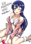  1girl bikini_top blue_hair breasts cleavage highres jewelry long_hair love_live!_school_idol_project necklace one_eye_closed rushsoldier shorts solo sonoda_umi yellow_eyes 