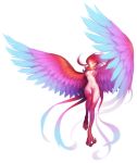  1girl ahoge breasts cleavage closed_mouth feathered_wings flying full_body grey_eyes hair_slicked_back harpy long_hair looking_at_viewer monster_girl multicolored_wings navel original redhead simple_background solo stomach white_background wings winterseoya 