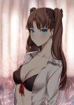  1girl artist_name blue_eyes blush breasts brown_hair collarbone fate/stay_night fate_(series) front-tie_top hair_ribbon looking_at_viewer open_clothes open_shirt ribbon shirt solo toosaka_rin twintails yeoohdam 