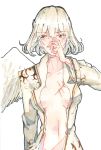  1girl alternate_hair_color angel_wings arm_at_side bangs beige_hair beige_jacket hair_between_eyes hand_over_face highres jacket kishin_sagume long_sleeves looking_to_the_side navel open_clothes open_jacket red_eyes scar seastar short_hair single_wing small_breasts solo stomach touhou upper_body wings 