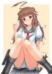  1girl ahoge animal_ears bear_ears blush brown_eyes brown_hair collarbone highres kantai_collection kantarou_(nurumayutei) knees_together_feet_apart kuma_(kantai_collection) long_hair looking_at_viewer neckerchief nose_blush puffy_short_sleeves puffy_sleeves school_uniform serafuku short_sleeves shorts sitting solo tareme tears twitter_username v 