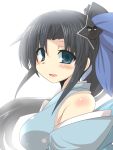  bangs black_hair breasts commentary_request detached_sleeves from_side gomasamune grey_eyes hair_ornament large_breasts long_hair looking_at_viewer minakuchi_(oshiro_project) open_mouth oshiro_project parted_bangs ponytail shuriken smile 