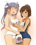  &gt;:&lt; 2girls :d bag bare_shoulders bikini blue_hair blush breast_grab breasts brown_eyes brown_hair capriccyo closed_eyes covered_navel fang grabbing gradient_hair hair_ornament hair_ribbon hairclip headgear height_difference highres holding_bag i-19_(kantai_collection) i-401_(kantai_collection) kantai_collection large_breasts long_hair looking_at_another marshmallow multicolored_hair multiple_girls name_tag one-piece_swimsuit open_mouth pink_hair ponytail ribbon sailor_collar school_swimsuit school_uniform short_ponytail small_breasts smile swimsuit swimsuit_under_clothes tan tanline tri_tails triangle_mouth twintails white_bikini white_school_swimsuit white_swimsuit 