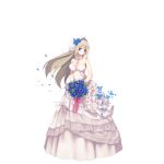  1girl alternate_costume blonde_hair blue_eyes blue_rose blush bouquet breasts bridal_veil butterfly choker cleavage dress flower frilled_dress frills gloves jewelry large_breasts lexington_(zhan_jian_shao_nyu) long_hair necklace official_art petals rose smile solo tiara veil wedding_dress white_dress white_gloves zhan_jian_shao_nyu 