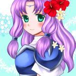  1girl 74 aqua_background armor fire_emblem fire_emblem:_rekka_no_ken floral_background florina flower green_eyes hair_flower hair_ornament long_hair looking_at_viewer pegasus_knight ponytail portrait purple_hair solo 