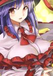  1girl breasts capelet frills hat large_breasts long_sleeves looking_at_viewer nagae_iku open_mouth purple_hair red_eyes shawl smile solo touhou umigarasu_(kitsune1963) upper_body 