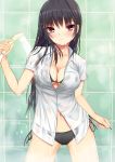  1girl bikini black_hair dress_shirt highres kurokami_(kurokaminohito) long_hair original red_eyes see-through shirt shower_head swimsuit 