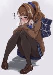  1girl bag beatrix_(granblue_fantasy) blush bow breath breathing_on_hands brown_eyes casual commentary_request granblue_fantasy hair_ornament hair_scrunchie hanauna hands_together long_hair long_sleeves pantyhose school_bag school_uniform scrunchie sitting skirt solo sweater translated 