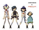  4girls a-ka antennae basketball belt black_hair blue_hair bullet_hole buttons child converse cyborg_noodle_(gorillaz) dress gloves gorillaz hat japanese_flag mask multiple_girls navel noodle_(gorillaz) oil pants purple_hair shirt shoes short_hair short_shorts shorts sleeveless sleeveless_shirt smoke socks teeth thigh-highs younger 