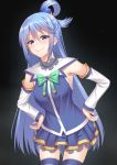  1girl aqua_(konosuba) bare_shoulders blue_eyes blue_hair blue_legwear blush commentary_request detached_sleeves hair_ornament hair_rings hands_on_hips highres kono_subarashii_sekai_ni_shukufuku_wo! long_hair looking_at_viewer mikazuchi_zeus skirt smile smug solo thighhighs very_long_hair 