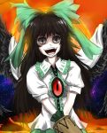  1girl arm_cannon bird_wings black_hair black_wings bow cape fangs hair_bow jpeg_artifacts long_hair looking_at_viewer open_eyes open_mouth pan-ooh red_eyes reiuji_utsuho shaded_face short_sleeves solo tagme third_eye touhou upper_body weapon wings 