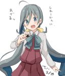  1girl ahoge blue_hair blush bow bowtie chocolate commentary_request grey_eyes grey_hair hair_between_eyes kantai_collection kiyoshimo_(kantai_collection) long_hair looking_at_viewer low_twintails multicolored_hair open_mouth riz_(ravel_dc) translation_request twintails valentine 