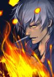  1boy akisa_(12023648) dark_skin fire jacket k&#039; looking_at_viewer male_focus open_mouth red_eyes short_hair solo the_king_of_fighters white_hair 