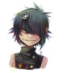  1girl a-ka badge blood bullet_hole buttons cross cross_necklace cuts cyborg_noodle_(gorillaz) gorillaz green_eyes injury shirt short_hair sleeveless sleeveless_shirt smile teeth 