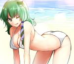  1girl ;q all_fours alternate_costume bare_shoulders beach bikini blush breasts cleavage collarbone frog_hair_ornament green_eyes green_hair hair_ornament hair_tubes kanzaki_maguro kochiya_sanae large_breasts licking_lips long_hair looking_at_viewer one_eye_closed smile snake_hair_ornament solo swimsuit tongue tongue_out touhou white_bikini 