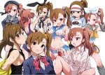  1girl animal_ears blush breasts brown_hair cosplay cosplay_request futami_ami futami_mami hair_ribbon hat idolmaster kantai_collection love_live!_school_idol_project pokemon rabbit_ears ribbon school_uniform shift_(waage) shimakaze_(kantai_collection) shimakaze_(kantai_collection)_(cosplay) shirt side_ponytail smile swimsuit vocaloid white_shirt 