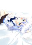  1girl absurdres angora_rabbit bed_sheet blue_eyes blush bow bowtie cero-z gochuumon_wa_usagi_desu_ka? highres kafuu_chino long_hair looking_at_viewer lying on_bed petting pillow rabbit shirt silver_hair skirt tippy_(gochuumon_wa_usagi_desuka?) twitter_username uniform vest x_hair_ornament 