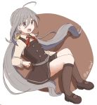  1girl ahoge belt bow bowtie grey_eyes grey_hair hair_between_eyes kantai_collection kasumi_(kantai_collection) kasumi_(kantai_collection)_(cosplay) kiyoshimo_(kantai_collection) kneehighs loafers long_hair looking_at_viewer low_twintails open_mouth riz_(ravel_dc) school_uniform shoes twintails twitter_username 