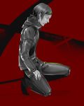  1boy closed_eyes copyright_name dated highres male_focus monochrome nathingness persona persona_2 profile realistic serious signature solo squatting suou_tatsuya 