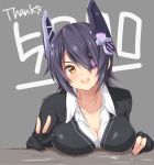  1girl blush breast_rest breasts cleavage eyepatch fingerless_gloves gloves headgear jiino kantai_collection large_breasts looking_at_viewer open_mouth partly_fingerless_gloves purple_hair school_uniform short_hair smile solo tenryuu_(kantai_collection) v yellow_eyes 