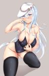  1girl black_legwear blue_eyes blush breasts cleavage grey_background hammer_and_sickle hat hibiki_(kantai_collection) kantai_collection large_breasts long_hair older simple_background skindentation solo swimsuit untsue verniy_(kantai_collection) very_long_hair white_hair 