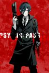  1boy 8055 black_hair broken_arm copyright_name cowboy_shot dominator_(gun) expressionless finger_on_trigger ginoza_nobuchika highres long_coat long_sleeves looking_at_viewer mechanical_arm necktie psycho-pass red_background spoilers torn_clothes 