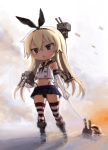  1girl airplane anchor_hair_ornament black_panties black_ribbon blonde_hair brown_eyes elbow_gloves gloves hair_ornament hair_ribbon highres hiro1984 kantai_collection long_hair panties pleated_skirt rensouhou-chan ribbon school_uniform serafuku shimakaze_(kantai_collection) skirt solo striped striped_legwear thigh-highs thong underwear water white_gloves 