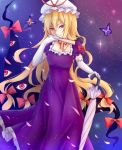  1girl blonde_hair bow butterfly choker closed_fan closed_umbrella dress elbow_gloves fan folding_fan gap gloves hair_bow hand_up hat hat_ribbon light_particles looking_at_viewer mob_cap petals purple_dress red_eyes ribbon ribbon_choker shiny shiny_hair smile solo space titapi touhou umbrella yakumo_yukari 