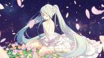  1girl aqua_hair choker closed_eyes dress flower from_side hands_on_own_chest haruwakame hatsune_miku long_hair petals sitting solo twintails very_long_hair vocaloid wariza 