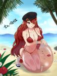  1girl ;o ball beachball beret bikini bracelet breasts crab dungeon_and_fighter flower hair_over_one_eye hat jewelry kneeling large_breasts long_hair looking_at_viewer ocean one_eye_closed palm_tree red_bikini red_eyes redhead shaojiang side-tie_bikini slippers solo swimsuit thigh-highs tree water wavy_hair white_legwear 