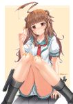  1girl ahoge animal_ears bear_ears blush brown_eyes brown_hair collarbone highres honey kantai_collection kantarou_(nurumayutei) knees_together_feet_apart kuma_(kantai_collection) long_hair looking_at_viewer neckerchief nose_blush puffy_short_sleeves puffy_sleeves school_uniform serafuku short_sleeves shorts sitting solo tareme tears twitter_username v 