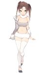  1girl arms_at_sides asymmetrical_hair bandeau bare_shoulders blue_eyes breasts brown_eyes brown_hair cleavage closed_mouth collarbone expressionless full_body grey_jacket grey_shoes jacket large_breasts looking_at_viewer lp_(hamasa00) midriff navel off_shoulder open_clothes open_jacket original scarf shoes short_twintails solo spaghetti_strap stomach thigh-highs thigh_gap thong tsurime twintails uneven_twintails walking white_legwear white_scarf zettai_ryouiki 