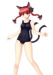  1girl animal_ears braid cat_ears cat_tail extra_ears gomi_(gomitin) kaenbyou_rin long_hair multiple_tails pointy_ears red_eyes redhead school_swimsuit solo swimsuit tail touhou twin_braids two_tails 