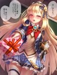  1girl blonde_hair book box cagliostro_(granblue_fantasy) commentary_request gift gift_box giving granblue_fantasy grey_eyes hairband half-closed_eyes holding long_hair looking_at_viewer plaid plaid_skirt pleated_skirt revision school_uniform skirt solo thigh-highs translation_request very_long_hair yapo_(croquis_side) zettai_ryouiki 