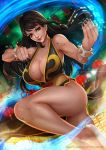  1girl ass bare_shoulders black_hair breasts brown_eyes china_dress chinese_clothes chun-li cleavage dress large_breasts lips long_hair magion02 signature smile solo spiked_gauntlets street_fighter thick_thighs thighs watermark web_address 