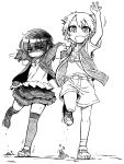  2girls arm_up bandaid bandaid_on_face bandaid_on_knee breath chankodining_waka highres hizato_akari holding_hands inuyama_kuroe jacket looking_at_viewer monochrome multiple_girls open_clothes open_jacket open_mouth original running shorts sketch skirt smile sweatdrop vest waving younger 