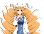  1girl animal_ears blonde_hair blush dress finger_to_chin fox_ears fox_tail frills hat kitsune kyuubi long_sleeves looking_at_viewer mob_cap multiple_tails pillow_hat short_hair smile solo tabard tail takamichis211 tassel touhou upper_body white_background white_dress yakumo_ran yellow_eyes 