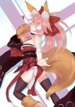  1girl animal_ears bell bell_collar black_legwear breasts caster_(fate/extra) collar fate/grand_order fate_(series) fox_ears fox_tail hair_ribbon japanese_clothes large_breasts long_hair looking_at_viewer one_eye_closed pink_hair ribbon solo tail tamamo_cat_(fate/grand_order) thigh-highs yellow_eyes 