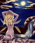  1girl ass back clothes_removed clouds curly_hair douji fairy_wings from_behind full_moon hat hat_removed headwear_removed long_hair luna_child moon moonlight night night_sky nude reflection rock shoes_removed sky slippers solo thighs touhou tree twitter_username water waterfall wings wrist_grab 