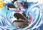  1girl :d afloat blood blue_eyes blue_sky bruise cosmicsnic epaulettes firing from_below gloves injury kantai_collection kashima_(kantai_collection) long_hair looking_away machinery ocean open_mouth pleated_skirt silver_hair skirt sky smile solo turret twintails white_gloves 