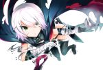  1girl assassin_of_black black_legwear blade cape dual_wielding eederu fate/apocrypha fate/grand_order fate_(series) hair_over_one_eye looking_at_viewer midair parted_lips scar short_hair silver_hair simple_background solo thigh-highs torn_cape white_background yellow_eyes 